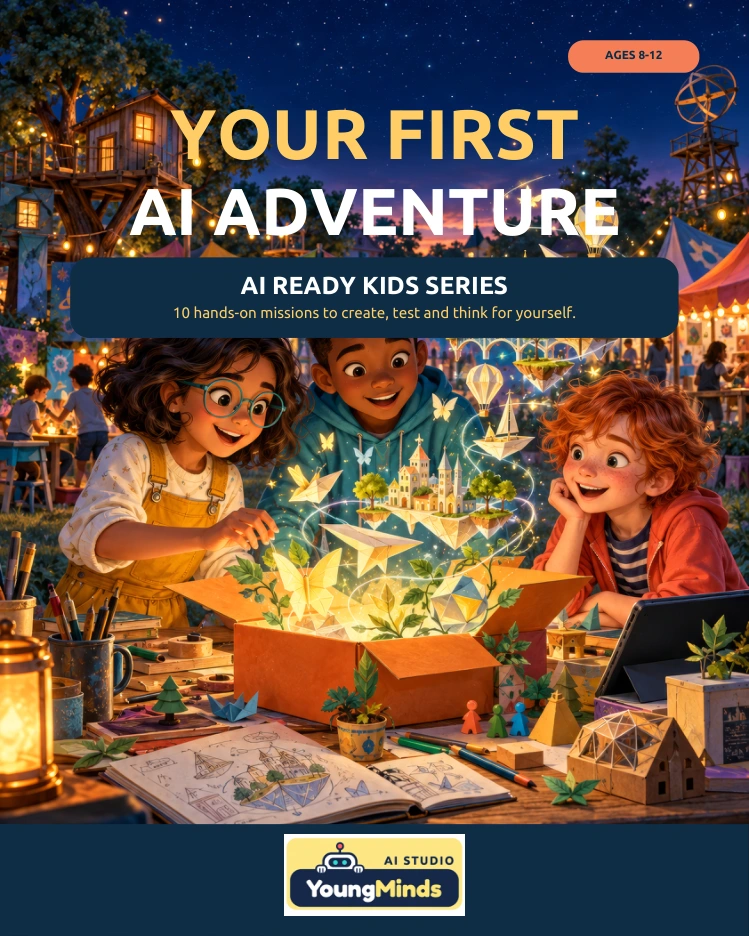 Your First AI Adventure, by YoungMinds AI Studio. An illustrated adventure with Emma, Dev and Jo.